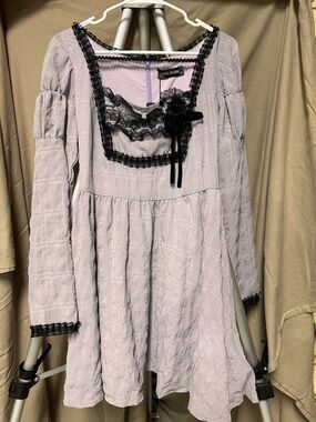 Romantic Lavender Mini Dress with Black Lace Trim
